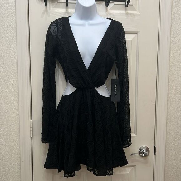 For Love And Lemons Black Cut Out Flared Cocktail Dress VNeck Long Sleeve Mini - Picture 3 of 15